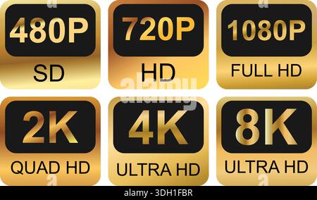 Video resolution badges showing SD HD Full HD 2K 4K and 8K Stock Vector