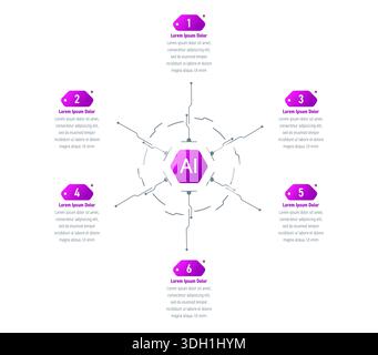 six steps information template. infographic template for artificial intelligence business education, technology world infographic template for annual Stock Vector