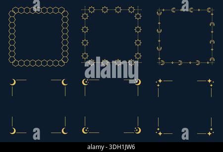 Geometric line art frames and corners including a hexagonal border, star-patterned frame, and crescent moon corner motifs on dark blue Stock Vector