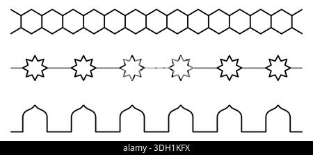 Minimalist black seamless border patterns with hexagonal honeycomb line, a sequence of eight-pointed stars, and Islamic arch design Stock Vector