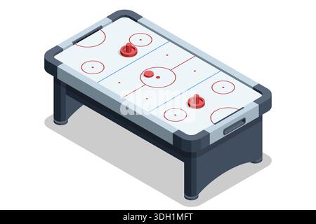 Air Hockey Table. Isometric air hockey table with puck and mallets. Arcade sport game equipment isolated on white background. Modern leisure and Stock Vector