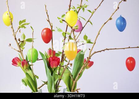 Still life with Easter eggs on branches, Germany Stock Photo