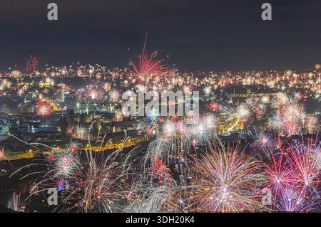Stuttgart welcomes the new year 2026. Remarkable New Year fireworks over the city center. Stuttgart, Baden-Wuerttemberg, Germany Stock Photo