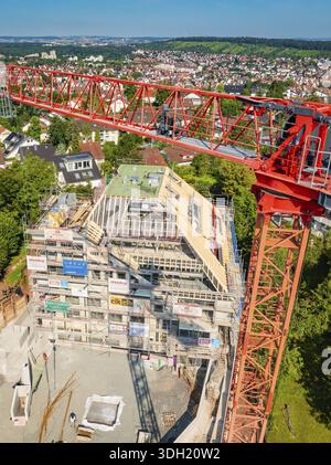 Crane rising high above a construction site with urban landscape in the background, construction site of a carpentry workshop, roof extension, renovat Stock Photo