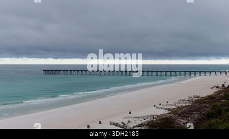 Storm clouds above Russell-Fields Pier on the Gulf of Mexico at Panama City Beach, Florida, USA, January 2026. Stock Photo