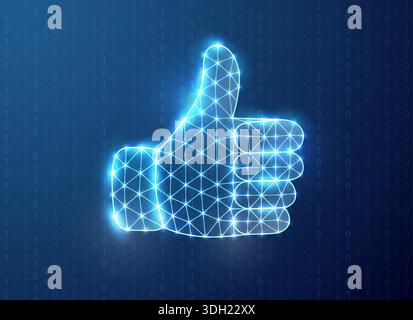 Glowing digital thumbs up gesture with binary code background. Tech approval and digital feedback symbol Stock Vector