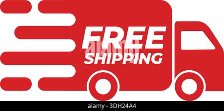 Free Shipping Fast Delivery Icon – Red Delivery Truck Graphic with Motion Speed Lines for E-commerce Logistics Stock Vector