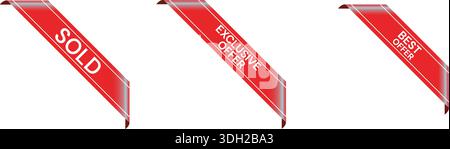 Red Corner Ribbon Promotional Set – Glossy Sold, Exclusive Offer, and Best Price Banners for E-commerce Retail Marketing Stock Vector