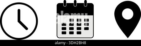 Interface Navigation Icon Set – Minimalist Black and White Clock, Calendar, and Map Pin Symbols for Business and Appointment Scheduling Stock Vector