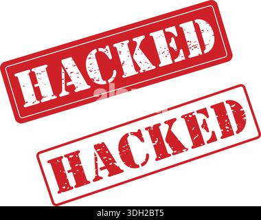 Red Hacked Rubber Stamp – Grungy Cyber Security Warning Sign and Data Breach Alert Labels for Information Technology Security Stock Vector