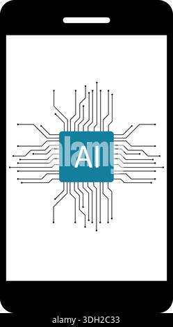 Artificial Intelligence Smartphone Icon – Mobile Phone with AI CPU Microchip and Circuitry Board for Mobile Computing and Smart Technology Stock Vector