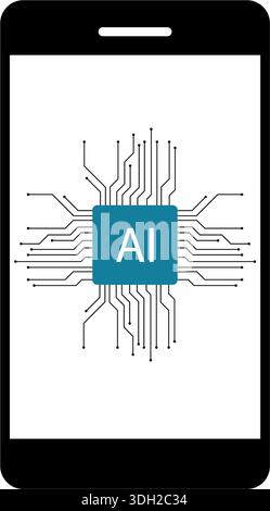 Artificial Intelligence Smartphone Icon – Mobile Phone with AI CPU Microchip and Circuitry Board for Mobile Computing and Smart Technology Stock Vector
