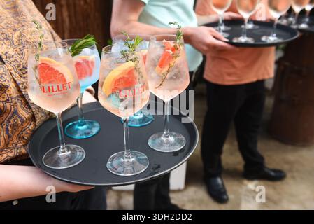Cocktail drinks on a tray at a party. Suggests a summer outdoor rathering, perhaps for a fun, dress down work event or corporate summer gathering. Bra Stock Photo