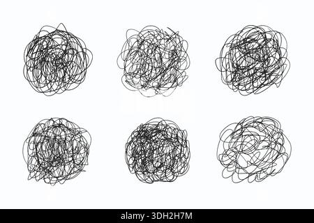 Scribble Clew Vector Set. Chaos messy clew lines icons. Hand drawn tangled crazy lines spherical shapes collection. Scrawl doodle circle drawing Stock Vector