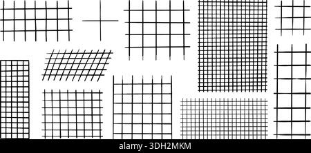 Pencil grids for notes. Striped sheets, geometric square grid for school notebook. Hand drawn ink lines note sheet templates, neoteric vector set Stock Vector