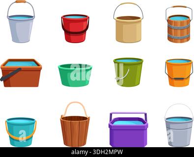 Cartoon buckets. Plastic wooden metal bucket for water. Gardening, household equipment. Watering and washing tools, trash containers, sapid vector set Stock Vector