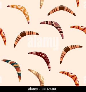 Boomerangs seamless pattern. Decorative boomerang folk ornaments. Wooden australian elements, traditional design. Fabric, textile print, sapid vector Stock Vector