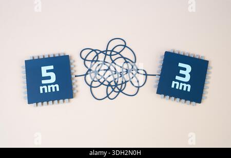 The transition from 5nm to 3nm process technology for computer microchips. Semiconductor innovation concept, higher transistor density and efficiency. Stock Photo