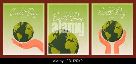 Minimalist Earth Day poster set with hands holding green globe for ecology and environmental awareness. Stock Vector