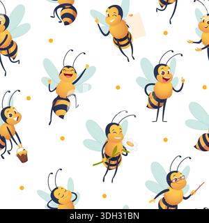 Bees pattern. honey bees in cartoon style. vector seamless background illustration Stock Vector