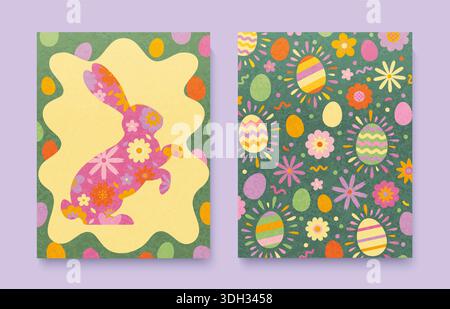 Set of Easter posters.Cute paper cut bunny with flowers inside and easter eggs around him. Easter backround with colorful painty eggs and flowers. Template for design, web,banner, post, sales. Vector Stock Vector