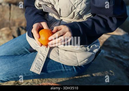 Hands of woman in warm jacket holding whole ripe mandarin orange against natural rocky background Stock Photo