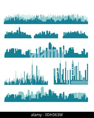 Many tall skyscraper buildings a set of city panoramas. Hand drawn Not AI, vector illustration. Stock Vector