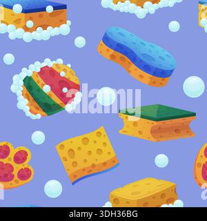 Sponges seamless pattern. Yellow sponge, different loofah for bath, body washing, kitchen cleaning tools. Print for fabric, textile, wallpaper Stock Vector