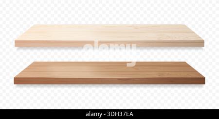 Realistic wooden shelves. 3d shelf plank dark and light wood, empty bookshelf on wall transparent background isolated hardwood surface rack for store kitchen vector illustration original artwork Stock Vector