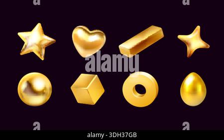3d golden figures. Realistic gold geometric flying shapes, inflated balloon bubble or plastic elements y2k abstract figures star sphere ball glossy form, exact vector illustration original artwork Stock Vector