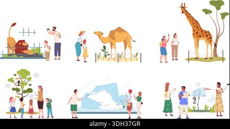 People in zoo. Family looking on exotic wild animals behind enclosure fences, parents kids summer weekend take selfie photo african savanna park visit, classy vector illustration original artwork Stock Vector