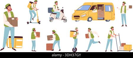 Delivery guy. Courier logistic service worker, deliver man postman holding freight box ride on transport scooter delivers shop orders, cartoon character classy vector illustration original artwork Stock Vector