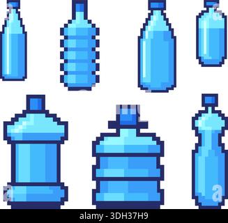Pixel water bottles. Plastic bottle, mineral drink container 8 bit game pixelart vintage gaming icons, retro arcade machine assets aqua beverage containers neat vector illustration original artwork Stock Vector