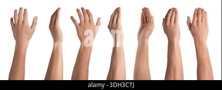 Men showing hands from different sides on white background, closeup. Collage Stock Photo