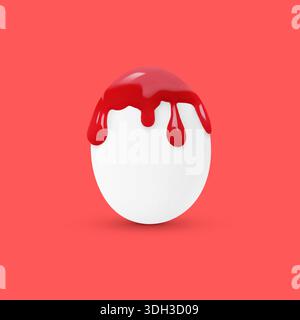 Red paint dripping down egg on coral background. Easter celebration Stock Photo