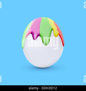 Colorful paint dripping down egg on light blue background. Easter celebration Stock Photo