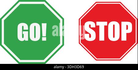Two octagonal signs, one green with 'GO!' and one red with 'STOP', against a white background. Stock Vector