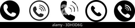 Collection of black and white telephone icons on a white background, representing communication and calls. Stock Vector