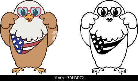 Cute cartoon eagle wearing heart-shaped sunglasses and American flag bandana, shown in color and outline. Stock Vector