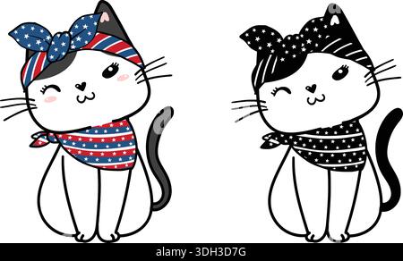 Cute cartoon cats wearing patriotic bandanas and scarves on a white background. Stock Vector