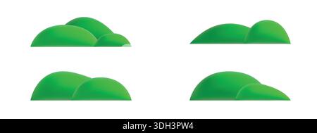 3D grass hills and green mountains in cartoon style. Cute rendered landscape icons isolated on white background Stock Vector