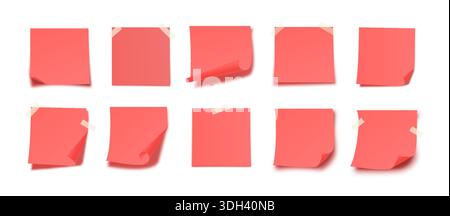 Red Sticky Notes Set with Curl Folded Corners, Tape and Soft Shadows on White Background. Realistic Empty Paper Memo Template for Planning Reminder. Clean Note Sticker Collection. Vector Illustration Stock Vector