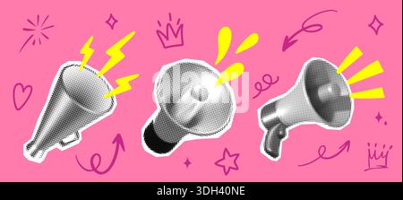 Halftone Megaphone Pop Art Collage Set with Hand Drawn Arrows Crown Sparkles Swirls. Loudspeaker Paper Cut Icons and Doodles on Pink Bg for Social Media Marketing Announcement. Vector Illustration Stock Vector