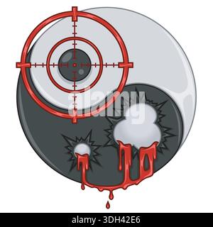 Yin Yang symbol with a telescopic sight design, bloodstains, and bullet holes. Artistic concept of duality, violence, war, and spiritual conflict for Stock Vector
