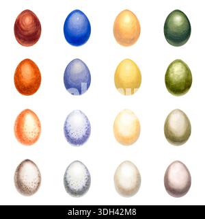 Colorful watercolor Easter eggs. Large set of monochrome hand-drawn illustrations in a realistic style on a white background for Easter promotional ma Stock Photo