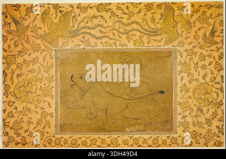 The Lion Tamer by Sadiqi Beg, early 17th century, depicting a figure seated upon a reclining lion, rendered in ink on gold ground with decorative floral border Stock Photo