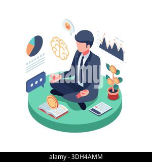 Isometric Meditating Businessman Managing Personal Finance. Financial Literacy and Money Management Concept Stock Vector