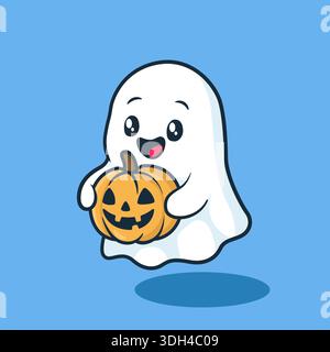 Cute Happy Ghost Holding Halloween Pumpkin Illustration Stock Vector