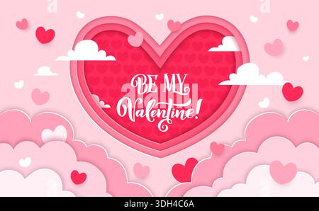 Paper cut Valentine Day heart at pink love sky clouds vector 3d background. Pink heart frame with romantic love holiday Be My Valentine quote phrase and paper cut layered clouds border, greeting card Stock Vector