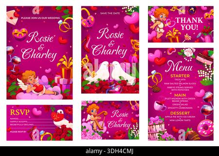 Wedding invitation templates set with flowers and dove birds, vector cards. Cupid angels or cherubs with heart balloons and gifts, flowers and kiss lips for wedding invitation and RSVP card templates Stock Vector